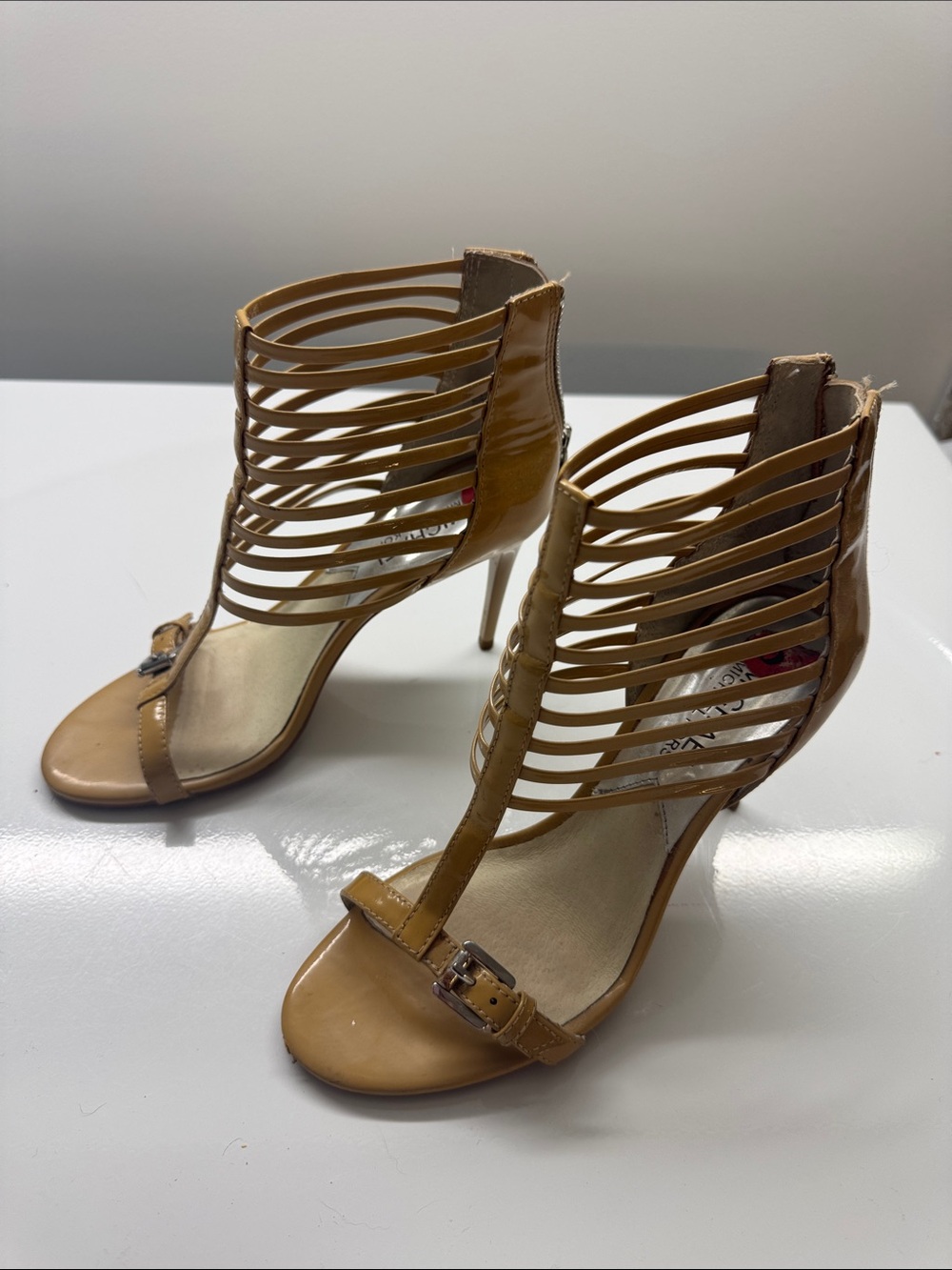 MICHAEL Michael Kors patent tan Strappy Cage High Heel Sandals